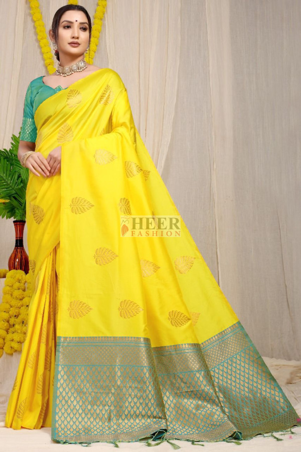 Mustard Yellow Banarasi Silk Saree – Zilikaa