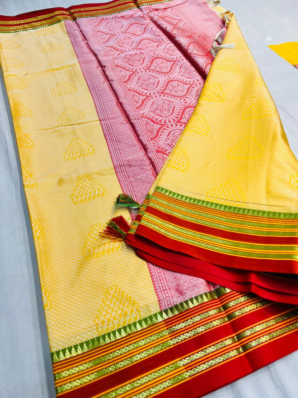 Lemon Yellow and Violet Zari Border Block Printed Pure Silk Mark Certi –  Dailybuyys