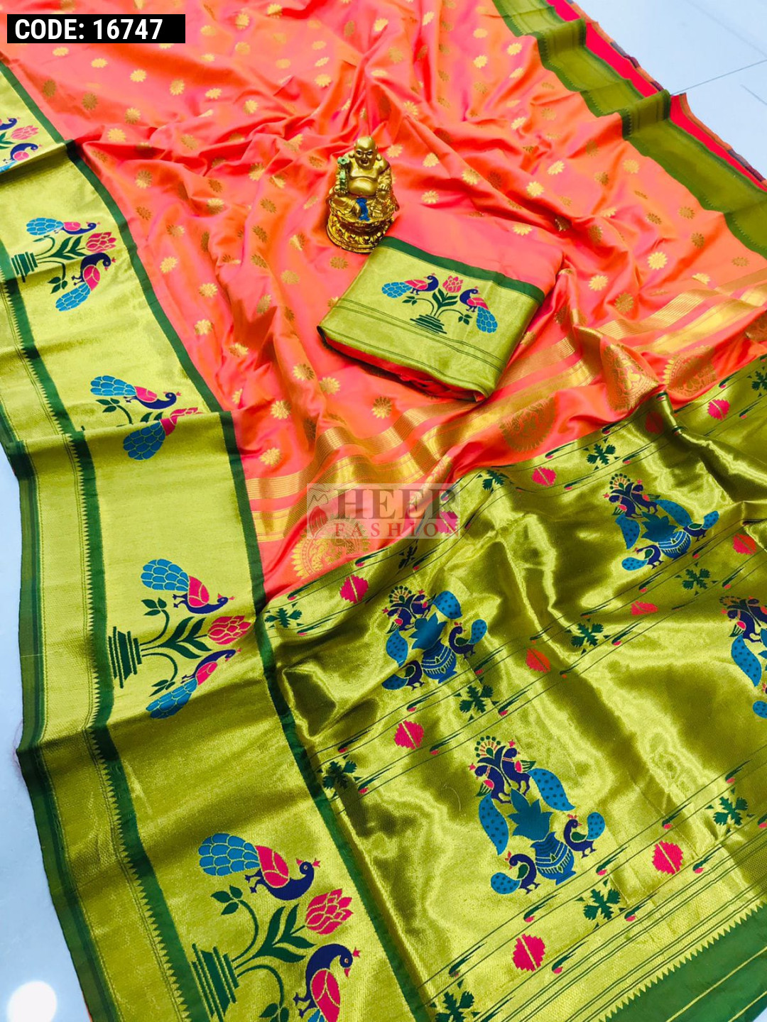 Peach color paithani silk saree with golden zari weaving work