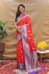 Red color soft banarasi saree with zari weaving work
