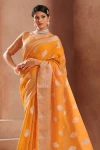 Orange color soft linen silk saree with zari weaving work
