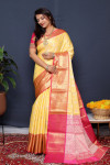 Yellow color kanchipuram silk saree with zari woven work
