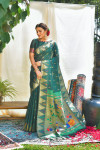 Bottle green color tussar silk saree with zari weaving work