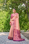 Peach color kanchipuram silk saree with zari weaving work