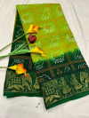 Parrot green and green color bandhani silk saree with khadi printed work