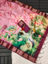 Baby pink color soft tussar silk saree with lotus floral print & zari weaving border