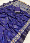 Navy blue color tussar silk saree with batik printed work