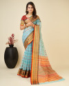 Sky blue color kota doriya saree with zari weaving work