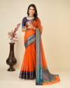 Orange color doriya cotton saree with woven design