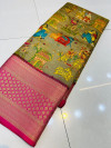 Beige color kanchipuram silk saree with kalamkari printed work