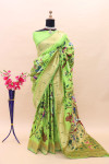 Parrot green  color paithani silk saree with zari weaving work