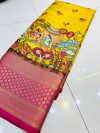 Yellow color kanchipuram silk saree with kalamkari weaving  work