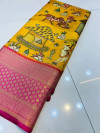 Yellow color kanchipuram silk saree with kalamkari printed work
