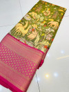 Mahendi green color kanchipuram silk saree with kalamkari printed work