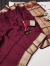 Maroon color tussar silk saree with zari weaving work