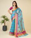 Sky blue color kota doriya saree with zari weaving work