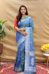 Light blue color cotton silk saree with zari weaving work