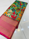 Rama green color kanchipuram silk saree with kalamkari printed work