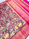 Magenta color kanchipuram silk saree with kalamkari printed work