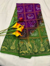 Purple and green color bandhani silk saree with khadi printed work