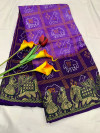 Lavender and purple color bandhani silk saree with khadi printed work
