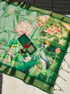 Parrot green color soft raw silk saree with floral printed work