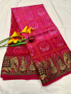 Pink and red color bandhani silk saree with khadi printed work