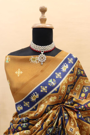 Mustard yellow color soft cotton silk saree with digital patola design