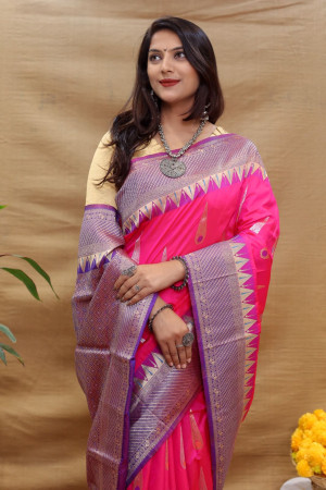 Rani pink color soft banarasi saree with zari weaving work
