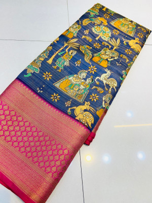 Blue color kanchipuram silk saree with kalamkari printed work