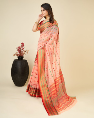 Peach color kota doriya saree with zari weaving work