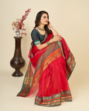Red color doriya cotton saree with woven design
