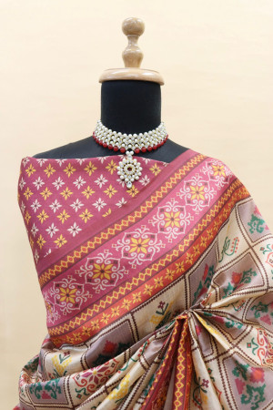 Cream color soft cotton silk saree with digital printed work