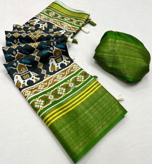 Dark green color soft cotton silk saree with digital printed work