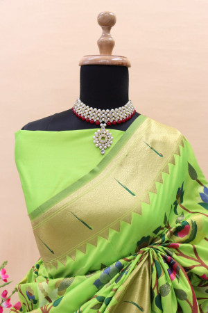 Parrot green  color paithani silk saree with zari weaving work