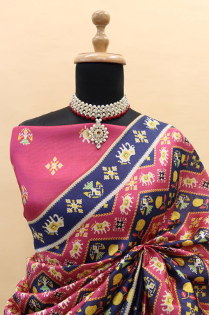 Pink color soft cotton silk saree with digital patola design