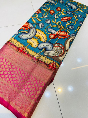 Sky blue color kanchipuram silk saree with kalamkari printed work