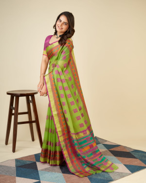 Mahendi green color doriya cotton saree with woven design