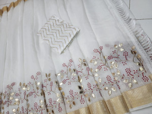 White color linen cotton saree with embroidered work