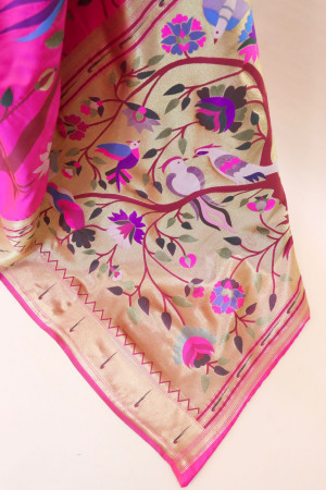 Rani pink  color paithani silk saree with zari weaving work