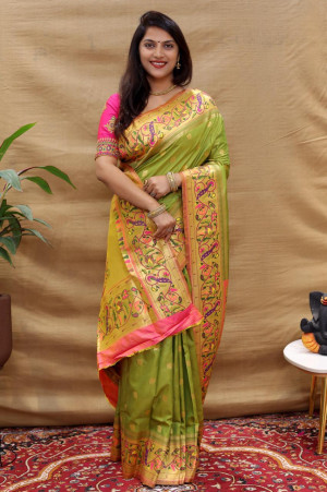 Mahendi  green color paithani silk saree with zari weaving work
