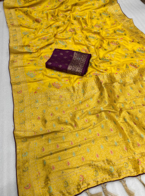 Yellow color dola silk saree with zari weaving work