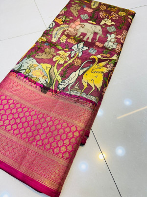 Magenta color kanchipuram silk saree with kalamkari weaving work