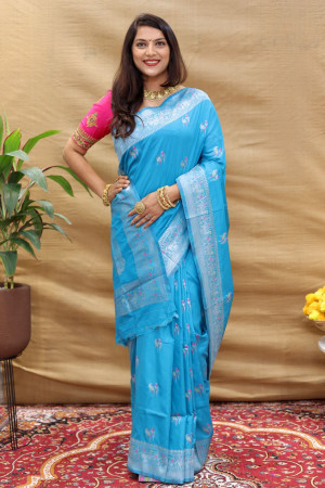Light blue color cotton silk saree with zari weaving work