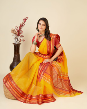 Yellow color doriya cotton saree with woven design
