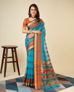 Firoji color doriya cotton saree with woven design