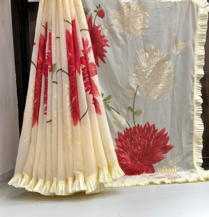 Off white color soft georgette saree with foil printed work