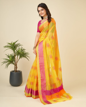 Light yellow color kota doriya saree with zari weaving work