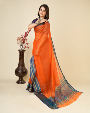 Orange color doriya cotton saree with woven design