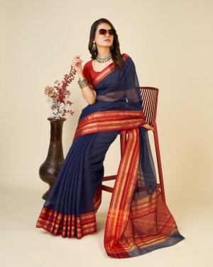 Navy blue color doriya cotton saree with woven design